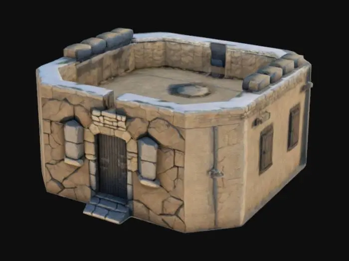 3D model for HARD EDGE defence an octogonal fortification place with sandbags, low poly, without environment, 3d art, extremely details, close doors and windows, accuracy edges, flat ground floor