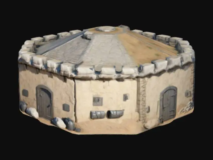 3D model for HARD EDGE defence an octogonal fortification place with sandbags, low poly, without environment, 3d art, extremely details, close doors and windows, accuracy edges, flat ground floor