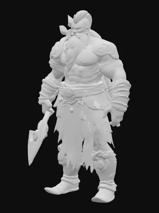 3D model for Grote gespierde Goliath barbarian met lichtgrijze huid en vurend haar (oranje-rode vlammen). Draagt donkere halfplate armor met tribale runen. Staat in krachtige gevechtshouding met een grote, tweehands greataxe. Op zijn rug hangen meerdere javelins in leren houders. Gezicht met zware wenkbrauwen, littekens en woeste blik. Armen met tribale tatoeages. Lederen armbeschermers en metalen beenkappen.