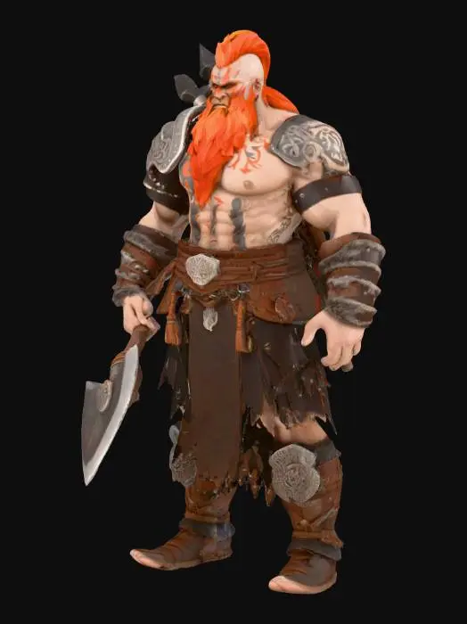 3D model for Grote gespierde Goliath barbarian met lichtgrijze huid en vurend haar (oranje-rode vlammen). Draagt donkere halfplate armor met tribale runen. Staat in krachtige gevechtshouding met een grote, tweehands greataxe. Op zijn rug hangen meerdere javelins in leren houders. Gezicht met zware wenkbrauwen, littekens en woeste blik. Armen met tribale tatoeages. Lederen armbeschermers en metalen beenkappen.