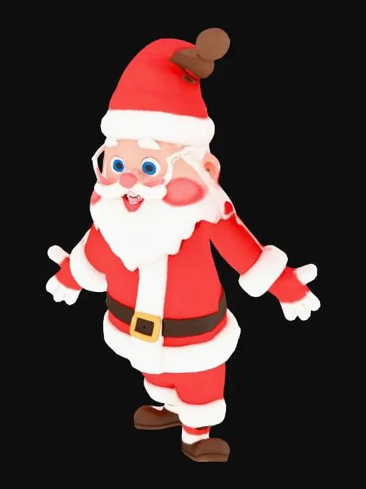 3D model for 一个Q版卡通圣诞老人，体型圆滚滚，头大身小，五官夸张而富有表现力。他穿着厚实而富有弹性的法兰绒红色套装，白色部分是蓬松的羊羔绒，触感柔软。深邃的蓝色眼睛闪烁着友善的光芒，大大的微笑挂在脸上，胡子像一团柔软的白色棉球。整体形象活泼有趣，充满童话般的稚拙感。Apose, #Christmas2025#