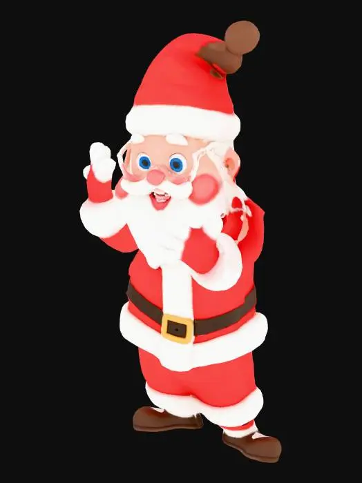 3D model for 一个Q版卡通圣诞老人，体型圆滚滚，头大身小，五官夸张而富有表现力。他穿着厚实而富有弹性的法兰绒红色套装，白色部分是蓬松的羊羔绒，触感柔软。深邃的蓝色眼睛闪烁着友善的光芒，大大的微笑挂在脸上，胡子像一团柔软的白色棉球。整体形象活泼有趣，充满童话般的稚拙感。Apose, #Christmas2025#