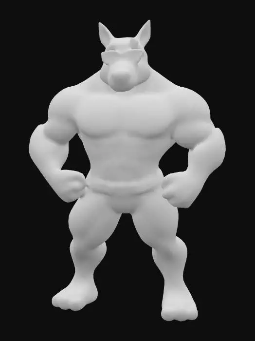 3D model for A sigma male dog character: represents the "sigma grindset" meme, a lone wolf type dog with cool confident demeanor, wearing dark sunglasses, muscular build, stoic expression, dark colors like black or gray, emanates "alpha energy" and independence, based on sigma male internet culture. Style: low poly voxel art, blocky 3D design, simple geometric shapes, cool color palette, clean light blue background, isometric view