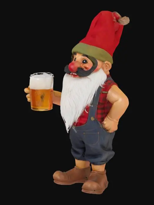 3D model for bavarian happy gnome smile, thick black mustache, round red nose, wearing overalls, ankles out, hat with a feather, and holding a pint of beer 