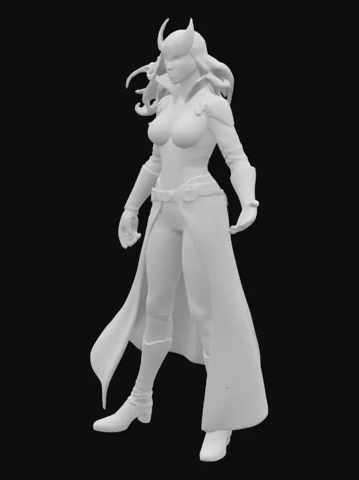 3D model for Scarlet Witch, Wanda, Marvel Rivals, standing figure, one hand forward, getting ready to attack, wearing scarlet witch crown