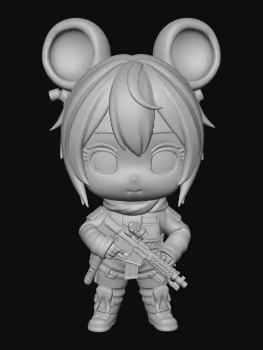 3D model for Masterpiece, best quality, a cute chibi 3D figurine of a character named "Mai Xiaoshu" (Little Wheat Mouse), wearing miniature Delta Force tactical military gear, a mini tactical vest, a tiny helmet with cute fluffy mouse ears sticking out. The character has big expressive eyes, chubby cheeks, holding a tiny toy tactical gadget. Pop Mart blind box toy style, smooth vinyl texture, glossy finish, pastel colors mixed with tactical camouflage, soft studio lighting, Octane render, Ray tracing, clean solid color background, front view, full body, highly detailed, 8k. --ar 3:4 --niji 6