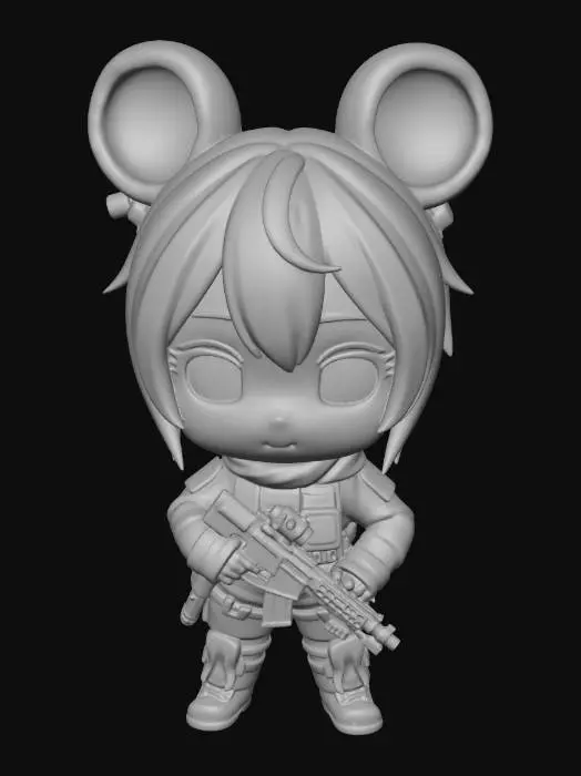 3D model for Masterpiece, best quality, a cute chibi 3D figurine of a character named "Mai Xiaoshu" (Little Wheat Mouse), wearing miniature Delta Force tactical military gear, a mini tactical vest, a tiny helmet with cute fluffy mouse ears sticking out. The character has big expressive eyes, chubby cheeks, holding a tiny toy tactical gadget. Pop Mart blind box toy style, smooth vinyl texture, glossy finish, pastel colors mixed with tactical camouflage, soft studio lighting, Octane render, Ray tracing, clean solid color background, front view, full body, highly detailed, 8k. --ar 3:4 --niji 6