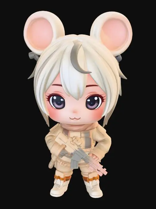 3D model for Masterpiece, best quality, a cute chibi 3D figurine of a character named "Mai Xiaoshu" (Little Wheat Mouse), wearing miniature Delta Force tactical military gear, a mini tactical vest, a tiny helmet with cute fluffy mouse ears sticking out. The character has big expressive eyes, chubby cheeks, holding a tiny toy tactical gadget. Pop Mart blind box toy style, smooth vinyl texture, glossy finish, pastel colors mixed with tactical camouflage, soft studio lighting, Octane render, Ray tracing, clean solid color background, front view, full body, highly detailed, 8k. --ar 3:4 --niji 6