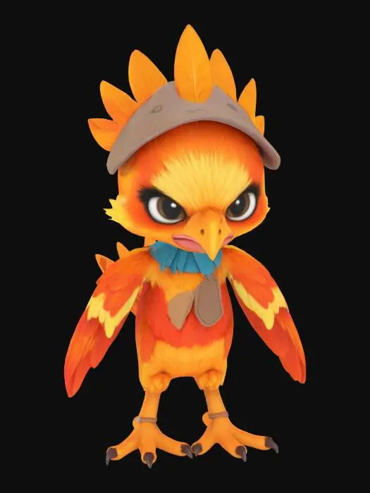 3D model for A small chibi looking cute
distinct features of a phoenix 
Friendly big eyes 
Playful pose
Trying to look angry 
But failing miserably because cute 
Small hat 
Small pocket 
Cute clothing 