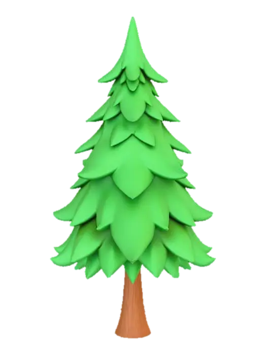 Stylized pine tree, game ready asset, low poly, vibrant green foliage, brown bark… 3D model, vytvořený pomocí AI