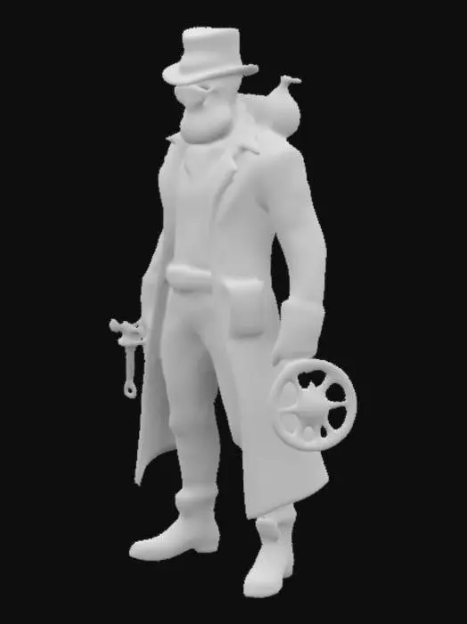 3D model for Design a Victorian-era adventurer in full steampunk style. The character wears a brass monocle, goggles, a leather vest, and a long coat adorned with gears and mechanical contraptions. He carries a steam-powered gadget or weapon, with intricate clockwork details. His accessories, such as a pocket watch and compass, have mechanical features that are both functional and ornamental. The setting should feel like a steam-powered world full of airships, zeppelins, and towering mechanical cities.