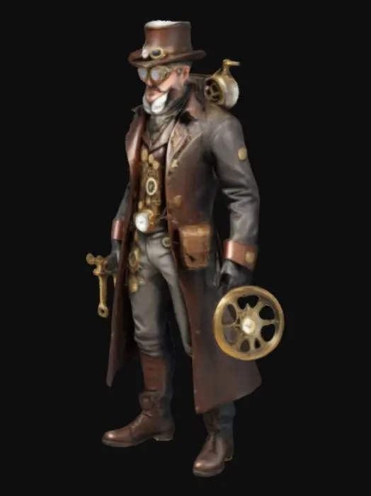 3D model for Design a Victorian-era adventurer in full steampunk style. The character wears a brass monocle, goggles, a leather vest, and a long coat adorned with gears and mechanical contraptions. He carries a steam-powered gadget or weapon, with intricate clockwork details. His accessories, such as a pocket watch and compass, have mechanical features that are both functional and ornamental. The setting should feel like a steam-powered world full of airships, zeppelins, and towering mechanical cities.