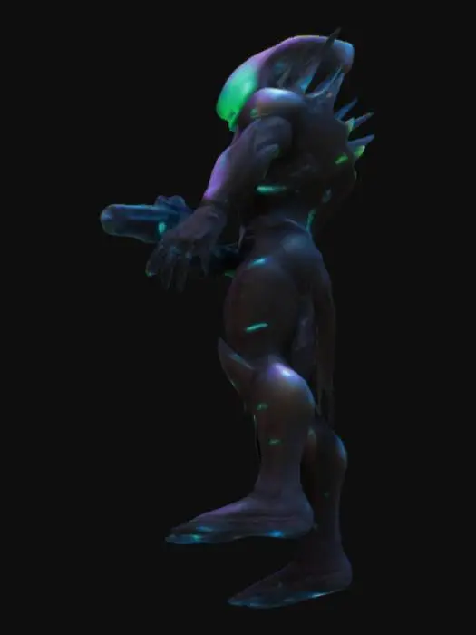 3D model for "Create a 3D alien bounty hunter with a sleek, muscular physique and iridescent-dark skin, reflecting its extraterrestrial origins. Its glowing, piercing eyes exude intensity. The hunter’s advanced armor, crafted from unknown materials, features intricate glowing accents. Equipped with a high-tech blaster and an energy knife, it stands in a powerful, menacing pose. The environment is a mysterious alien world, filled with eerie landscapes and hidden dangers, enhancing its formidable presence."
