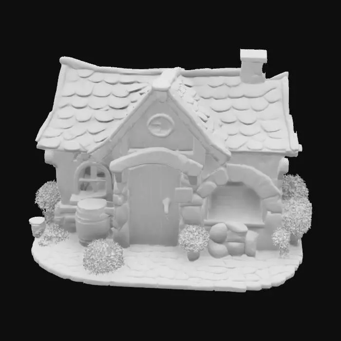 3D model for A cozy fairy-tale bakery made of wood and stone. The roof is covered with blue and brown tiles. In front: a wooden door and a barrel surrounded by green shrubs. Right side features a brick oven. Background is a soft blue sky, serene and dreamy.