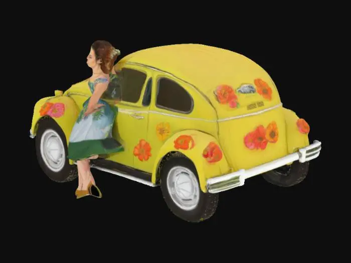 3D model for [Germany] Draw a realistic Volkswagen Beetle in Flowerpowerpaining together with a woman in a Dirndle Dress, #AroundTheWorld#