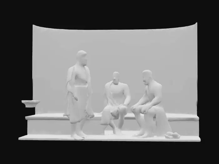 3D model for "Object": "Muscular Turkish men inside a traditional hamam",
  "Material": "Human skin, cotton pestemal (waist towels), marble and brass from hamam interior",
  "Shape/Form": "Athletic male body proportions with defined muscles, wrapped waist towels, some standing, some sitting or working",
  "Color Scheme": "Natural skin tones, white or striped cotton towels, neutral marble tones in background",
  "Texture Details": "Smooth skin with subtle sheen from steam, soft woven cotton fabric, marble surfaces with slight condensation",
  "Style": "Realistic human figures in architectural interior",
  "Environment/Use Context": "Inside a Turkish bathhouse (hamam), steam-filled, some men relaxing, others as attendants pouring water or scrubbing",
  "Reference Models": "Inspired by Ottoman-era hamam"