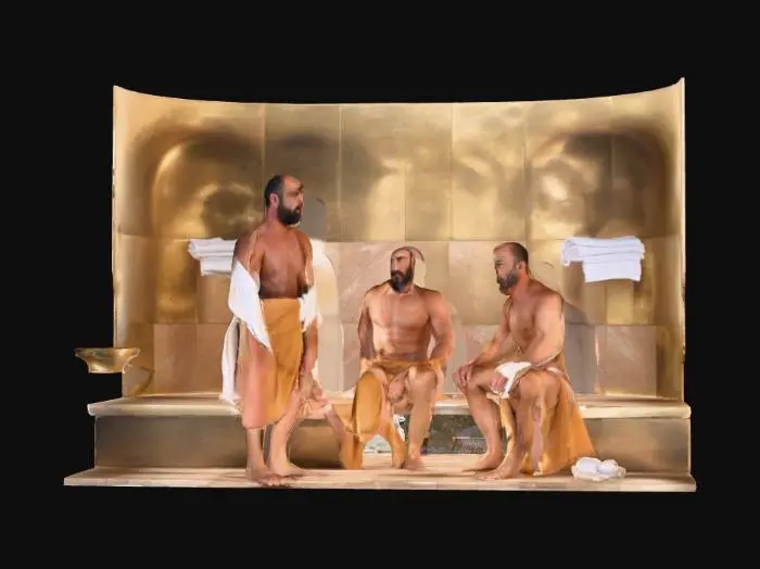 3D model for "Object": "Muscular Turkish men inside a traditional hamam",
  "Material": "Human skin, cotton pestemal (waist towels), marble and brass from hamam interior",
  "Shape/Form": "Athletic male body proportions with defined muscles, wrapped waist towels, some standing, some sitting or working",
  "Color Scheme": "Natural skin tones, white or striped cotton towels, neutral marble tones in background",
  "Texture Details": "Smooth skin with subtle sheen from steam, soft woven cotton fabric, marble surfaces with slight condensation",
  "Style": "Realistic human figures in architectural interior",
  "Environment/Use Context": "Inside a Turkish bathhouse (hamam), steam-filled, some men relaxing, others as attendants pouring water or scrubbing",
  "Reference Models": "Inspired by Ottoman-era hamam"