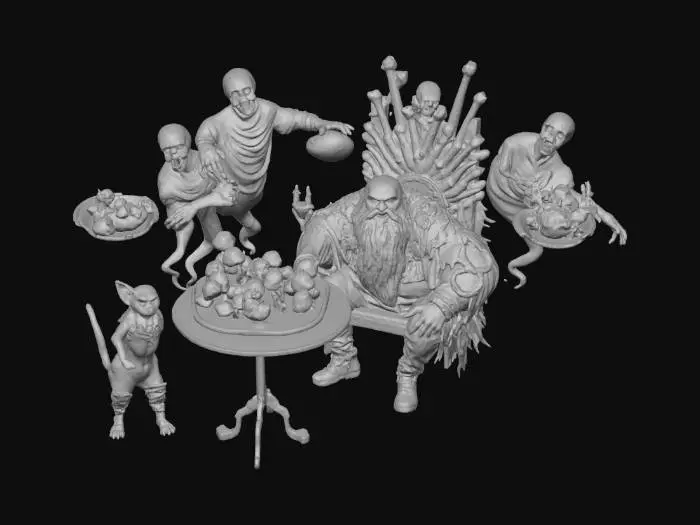 3D model for make out of this very old illustration a modern halloween picture on which you see a big sitting wizzard, a booted talking cat, babies on a plate ready to be eaten and some ghosts serving dinner - the whole setting should be horrible and also something to produce a 3d scene out of it