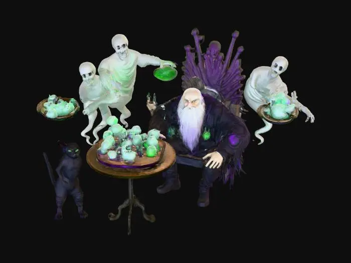 3D model for make out of this very old illustration a modern halloween picture on which you see a big sitting wizzard, a booted talking cat, babies on a plate ready to be eaten and some ghosts serving dinner - the whole setting should be horrible and also something to produce a 3d scene out of it