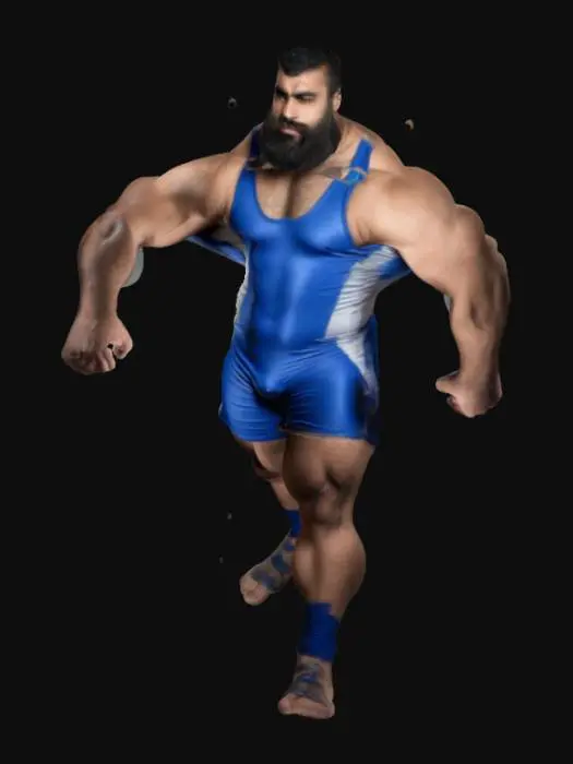 3D model for an athletic, muscled and stocky hairy arabian man. he is wearing a blue wrestling singlet. he wears a beard