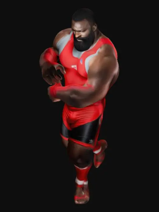 3D model for a very athletic tall black wrestler who wears a red singlet. he has short hair and a big beard