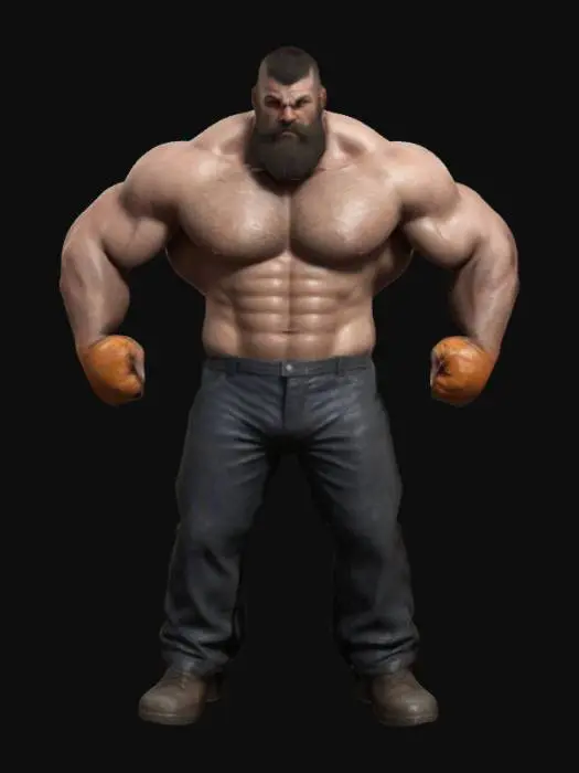 3D model for Game Assets, Ultra Realistic, Full Body, Battle Pose, handsome wrestler, shirtless handsome boiler room worker, muscles working, builder, rough, beard, muscled factory worker