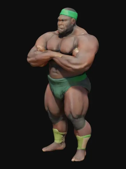 3D model for Ein stämmiger muskulöser afrikanischer Wrestler, grünes singlet, Arme vor der Brust verschränkt.