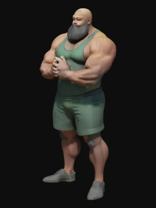 3D model for a strong muscluar powerlifter. he is black and has beard. his hands touches his body. he wears a tight dark green singlet. 