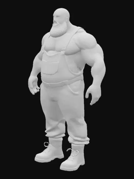 3D model for a strong african man. blue dangerees. beige boots. no shirt. very muscled. beard. hairy body. standing relaxed. 