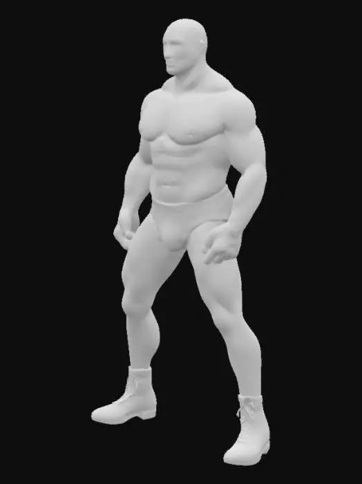 3D model for a strong african man. blue speedo. beige boots. no shirt. very muscled. small beard. hairy body. standing relaxed. dark african skin.