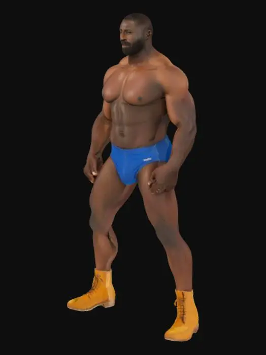 3D model for a strong african man. blue speedo. beige boots. no shirt. very muscled. small beard. hairy body. standing relaxed. dark african skin.
