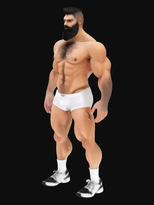 3D model for very hairy european skin. dark hair, dark beard. nearly naked but white breifs. white socks. white and black sneaker.
