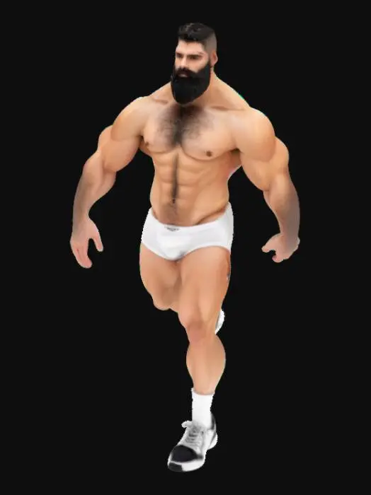 3D model for very hairy european skin. dark hair, dark beard. nearly naked but white breifs. white socks. white and black sneaker.