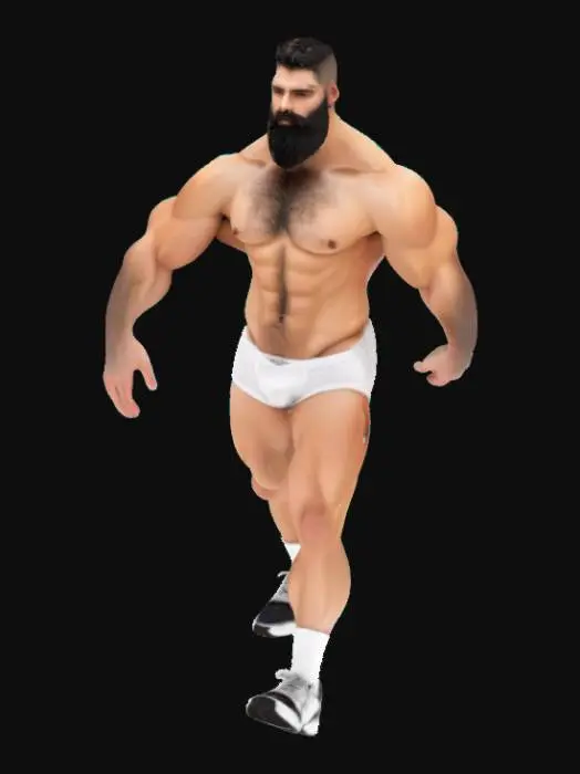 3D model for very hairy european skin. dark hair, dark beard. nearly naked but white breifs. white socks. white and black sneaker.