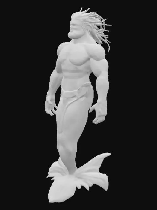 3D model for #ocean#, very muscled male meremaid. silver shiny fishy skin, blue hair, beard, fishtail, 
