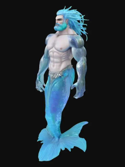 3D model for #ocean#, very muscled male meremaid. silver shiny fishy skin, blue hair, beard, fishtail, 