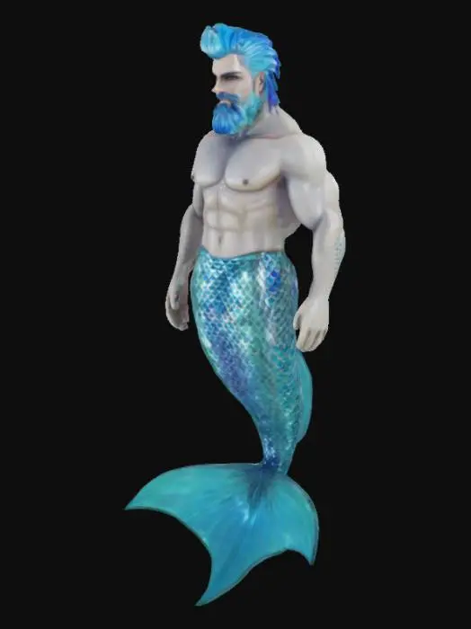 3D model for #ocean#, very muscled male meremaid. silver shiny fishy skin, blue hair, beard, fishtail, 
