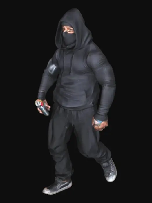 3D model for a muscular male grafitti artist. his face is covered to protect his identity. he holds a spray can in his hand. he wears black cloths.
