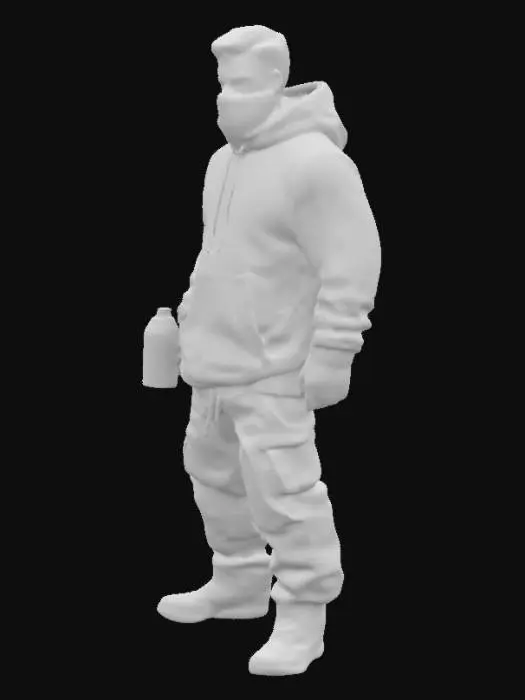 3D model for a muscular male grafitti artist. his face is covered to protect his identity. he holds a spray can in his hand. he wears black cloths.
