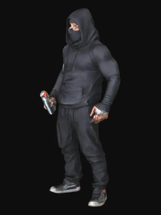 3D model for a muscular male grafitti artist. his face is covered to protect his identity. he holds a spray can in his hand. he wears black cloths.
