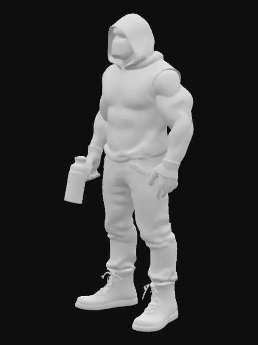 3D model for a muscular male grafitti artist. his face is covered to protect his identity. he holds a spray can in his hand. he wears black cloths.
