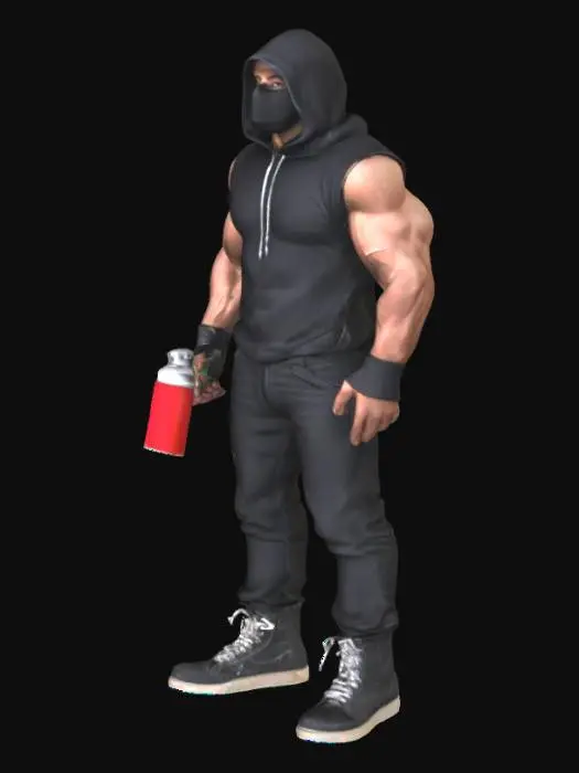 3D model for a muscular male grafitti artist. his face is covered to protect his identity. he holds a spray can in his hand. he wears black cloths.
