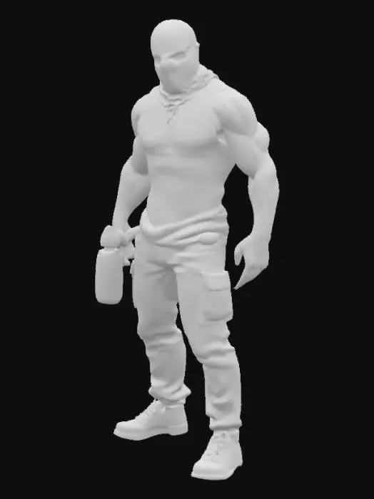 3D model for a muscular male grafitti artist. his face is covered to protect his identity. he holds a spray can in his hand. he wears black cloths.
