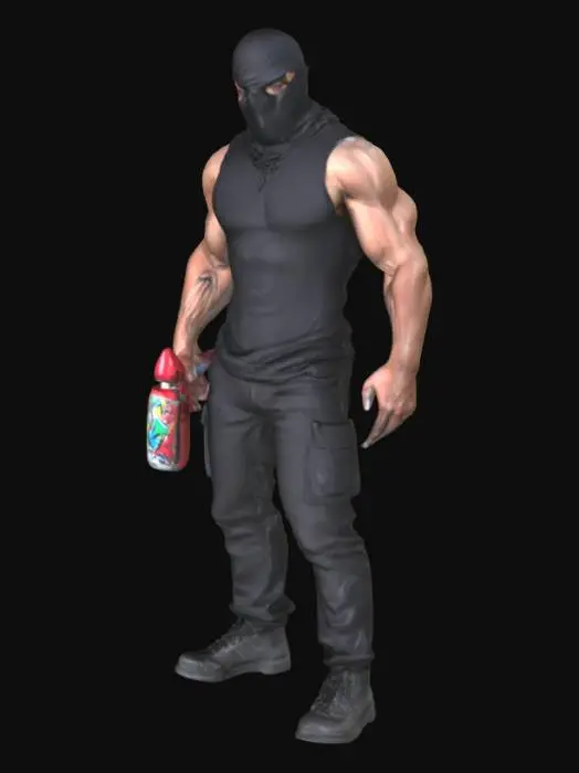 3D model for a muscular male grafitti artist. his face is covered to protect his identity. he holds a spray can in his hand. he wears black cloths.
