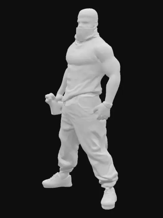 3D model for a muscular male grafitti artist. his face is covered to protect his identity. he holds a spray can in his hand. he wears black cloths.
