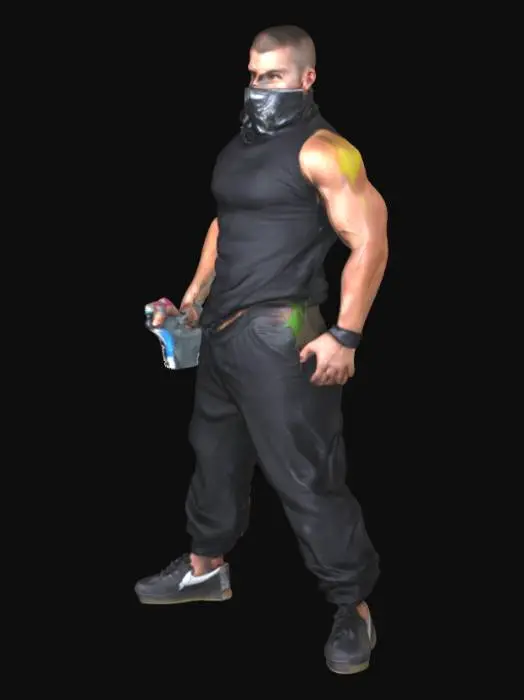 3D model for a muscular male grafitti artist. his face is covered to protect his identity. he holds a spray can in his hand. he wears black cloths.
