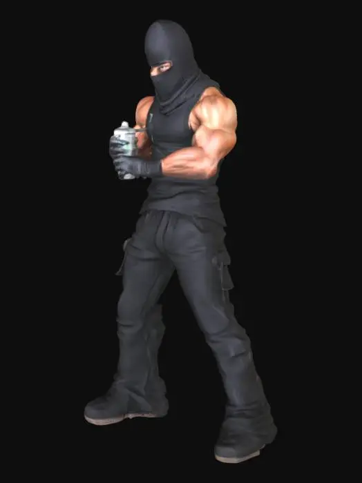 3D model for a muscular male grafitti artist. his face is covered to protect his identity. he holds a spray can in his hand. he wears black cloths.
