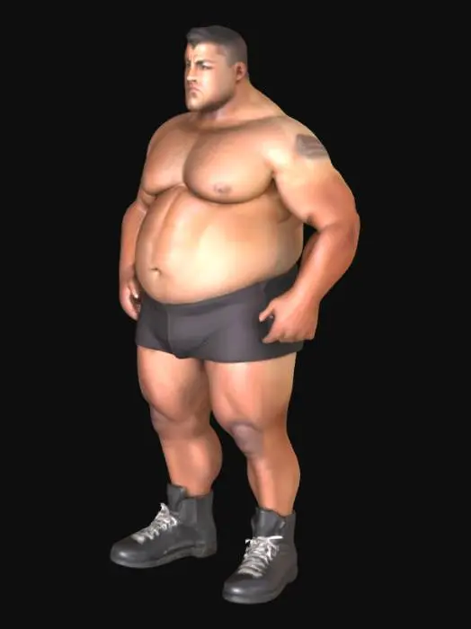 3D model for Muscle , Male , Chubby , Dark-Tan skin , crew cut , ashamed face ,  micro wrestling suit 