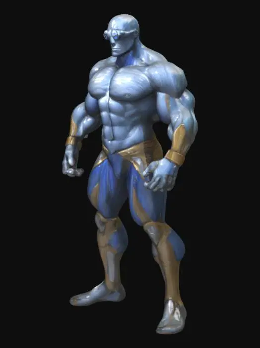 3D model for {
  "object": "Character",
  "material": "Skin, glass, metal",
  "shape_form": "Humanoid, muscular, imposing stance",
  "color_scheme": {
    "primary": "Red",
    "secondary": "Silver",
    "tertiary": "transparent"
  },
  "texture_details": {
    "skin": "Slightly aged, detailed musculature",
    "fabric": "Smooth, reflective, with subtle wrinkles and creases",
    "metal": "Polished gold with slight weathering"
  },
  "style": "Realistic, Comic-style, PBR",
  "environment": "Stormy, with a dark and ominous sky, crackling lightning",
  "reference_models": ["Shazam from Kingdom Come by Alex Ross", "DC Comics character references"]
}
