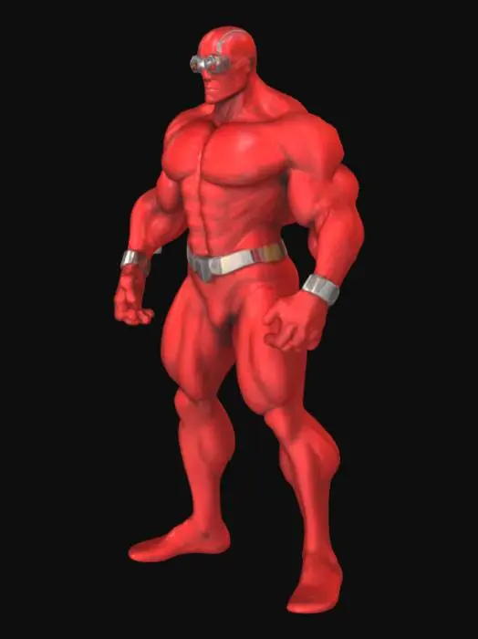 3D model for {
  "object": "Character",
  "material": "Skin, glass, metal",
  "shape_form": "Humanoid, muscular, imposing stance",
  "color_scheme": {
    "primary": "Red",
    "secondary": "Silver",
    "tertiary": "transparent"
  },
  "texture_details": {
    "skin": "Slightly aged, detailed musculature",
    "fabric": "Smooth, reflective, with subtle wrinkles and creases",
    "metal": "Polished gold with slight weathering"
  },
  "style": "Realistic, Comic-style, PBR",
  "environment": "Stormy, with a dark and ominous sky, crackling lightning",
  "reference_models": ["Shazam from Kingdom Come by Alex Ross", "DC Comics character references"]
}
